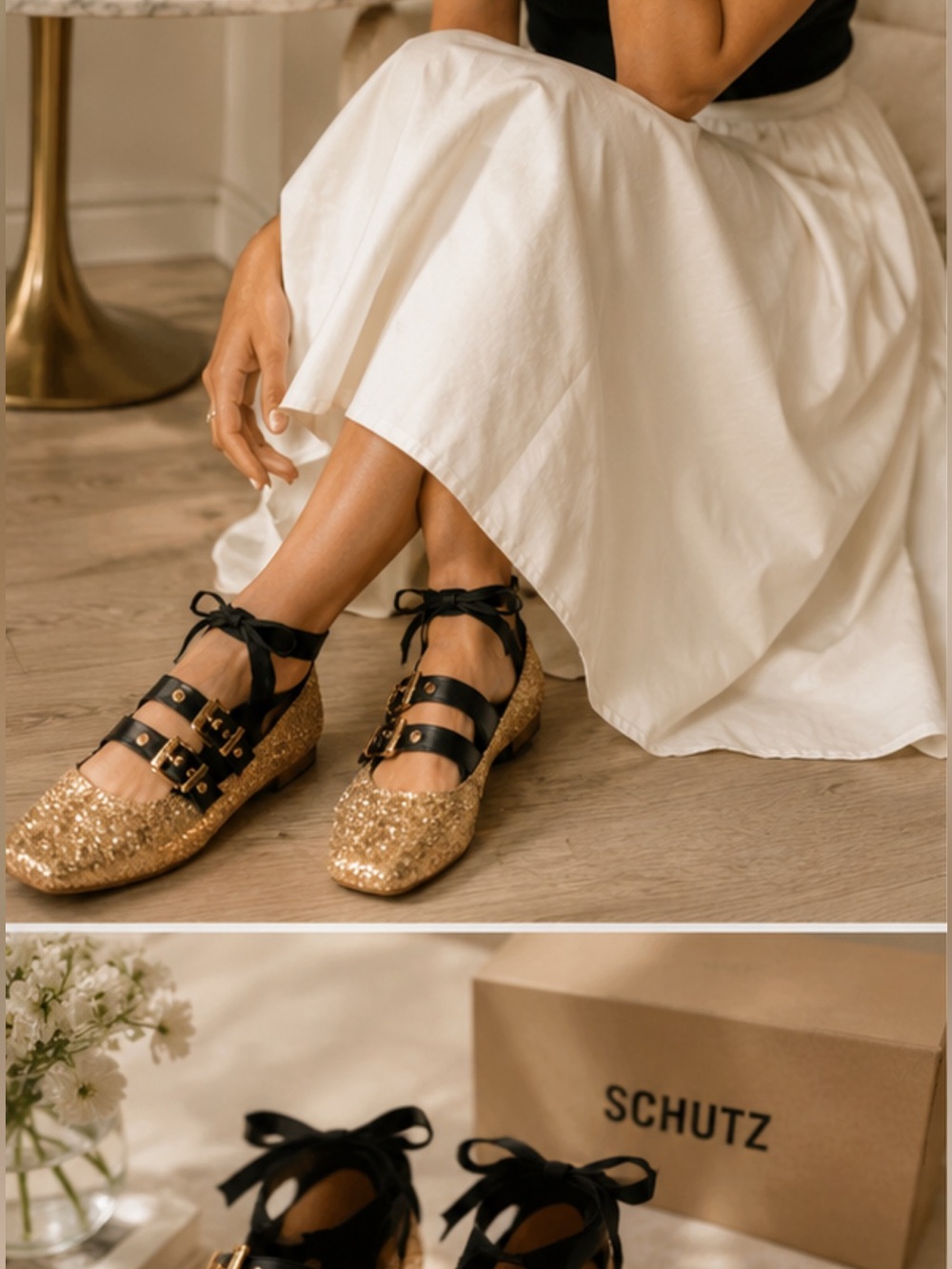 Schutz Raika Gold Glitter Ballet Flat with Ankle Tie brand new